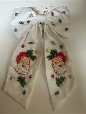 Holiday Santa Bow Hair Accessory - White with Multicolor Embellishments